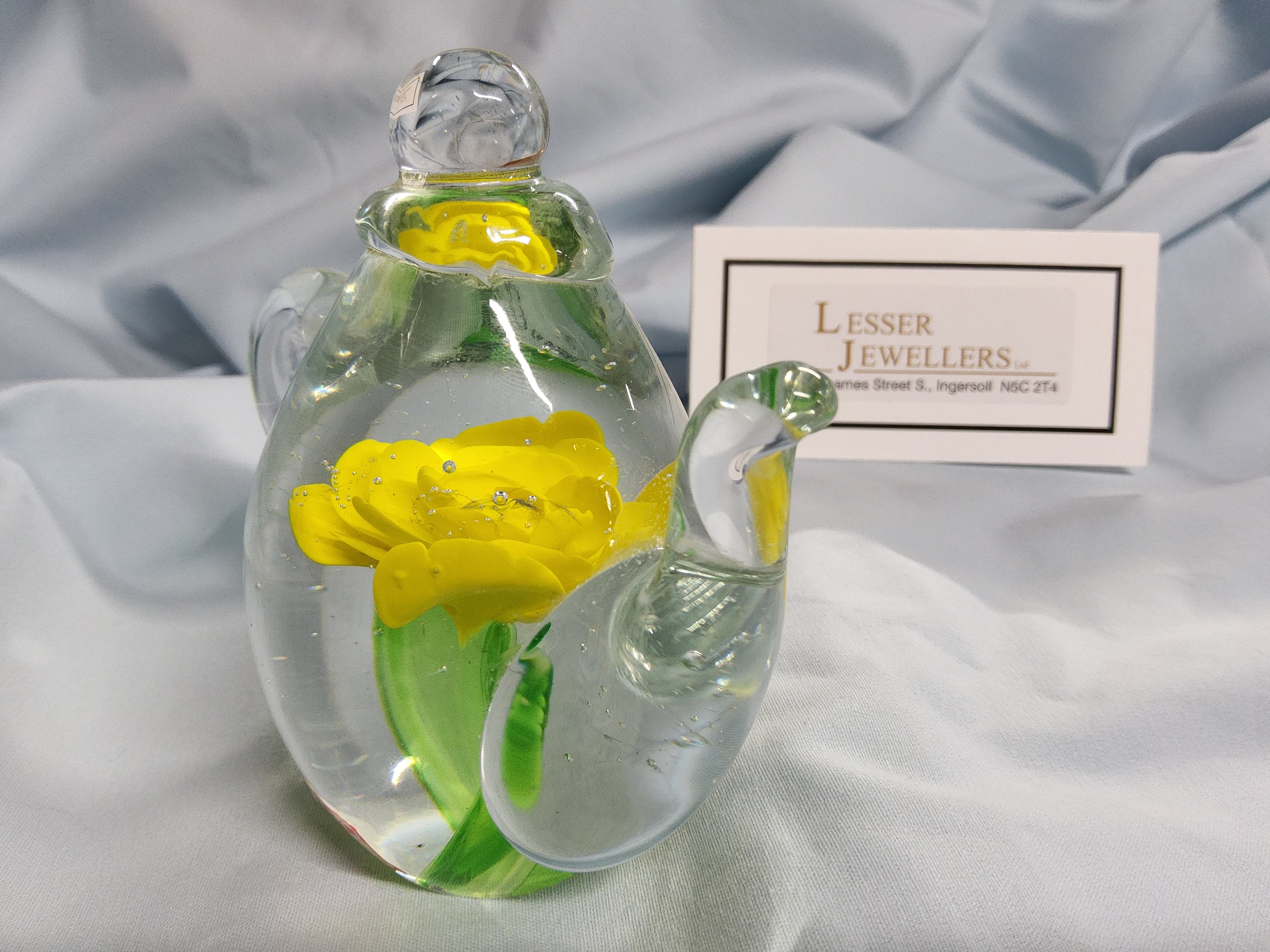Glass Teapot Paperweight - Yellow Rose