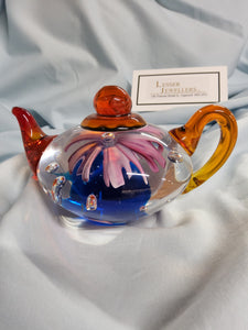 Glass Teapot Paperweight - Pink Hibiscus