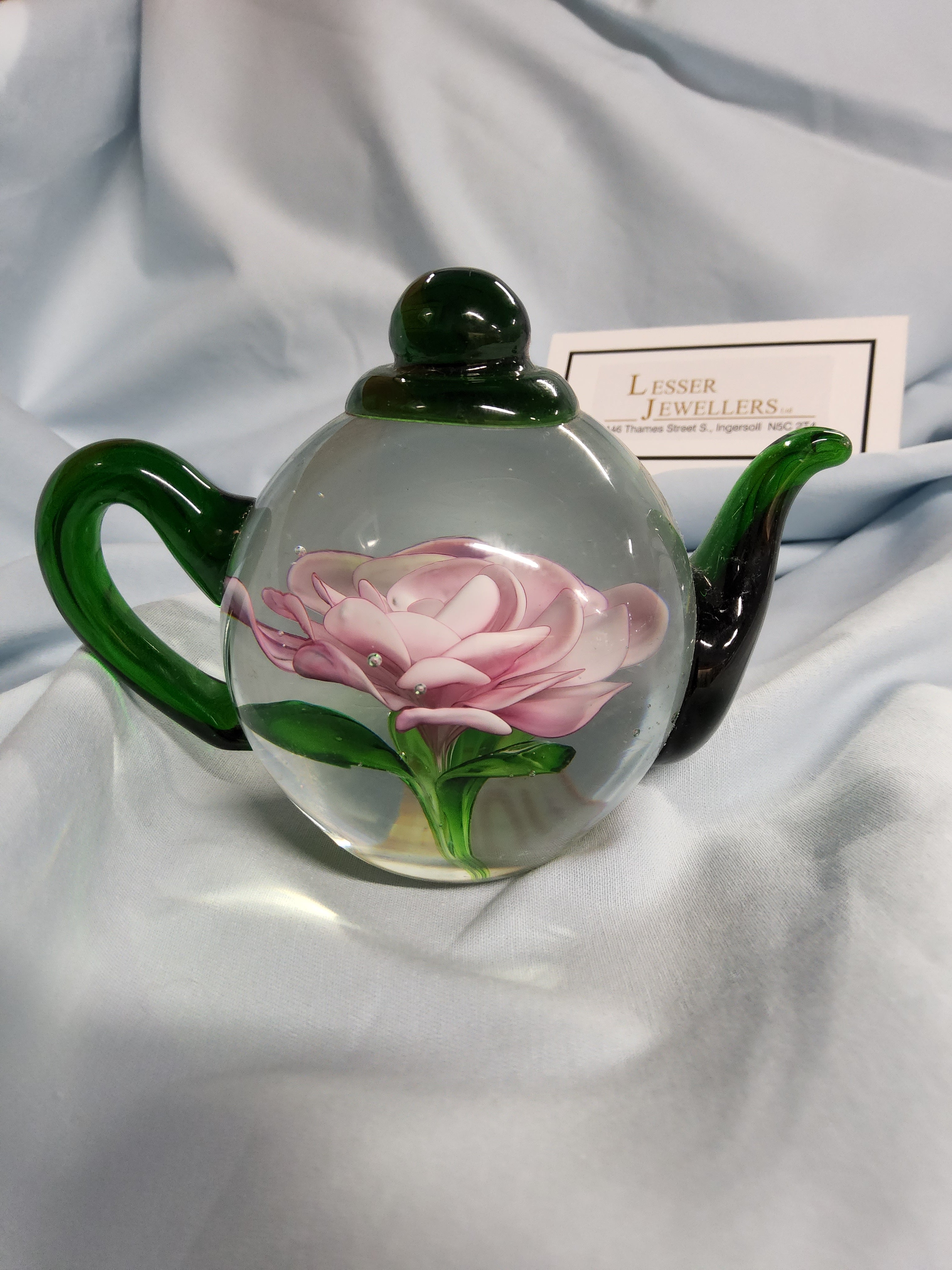 Glass Teapot Paperweight - Pink Rose