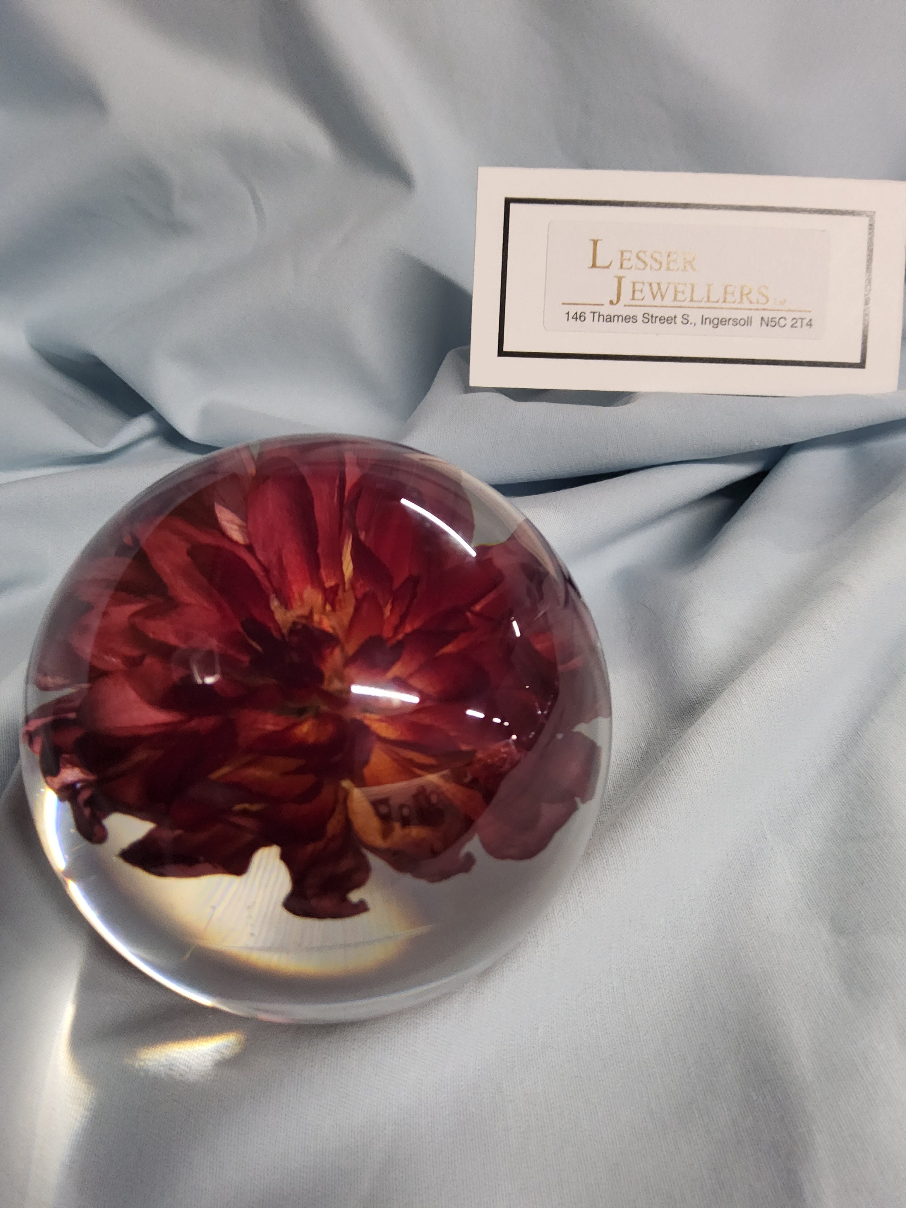 Glass Paperweight with Red Dahlia
