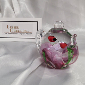 Glass Teapot Paperweight - Purple Flowers with Ladybugs