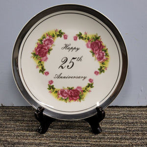 Happy 25th Anniversary Plate with wooden display stand