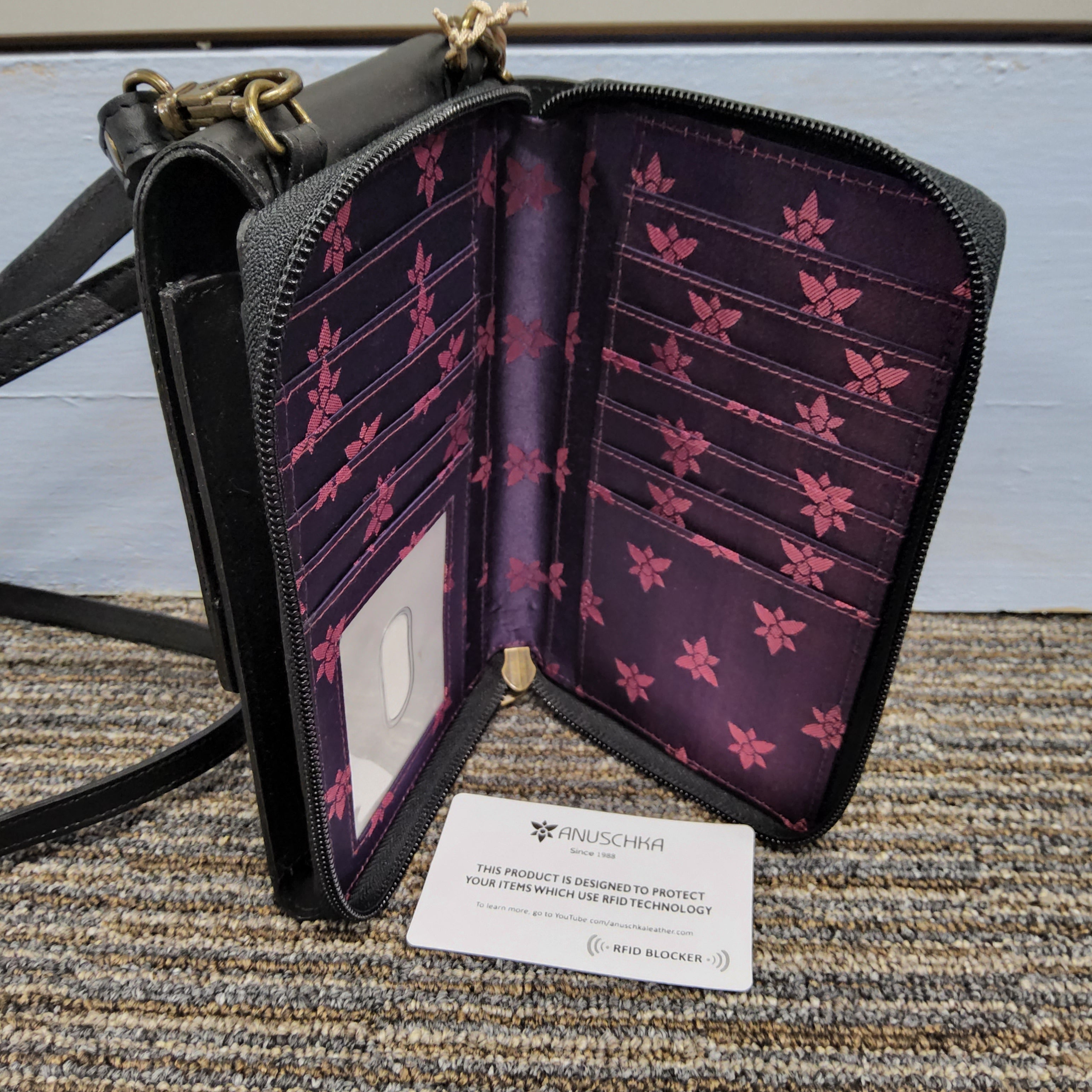 Anuschka Leather Crossbody Phone Case - "Hummingbird" Hand painted - RFID - 1173-HGB-BLK