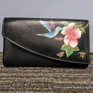 Anuschka Leather Wallet - "Hummingbird" Hand painted - RFID 1174-HGB-BLK