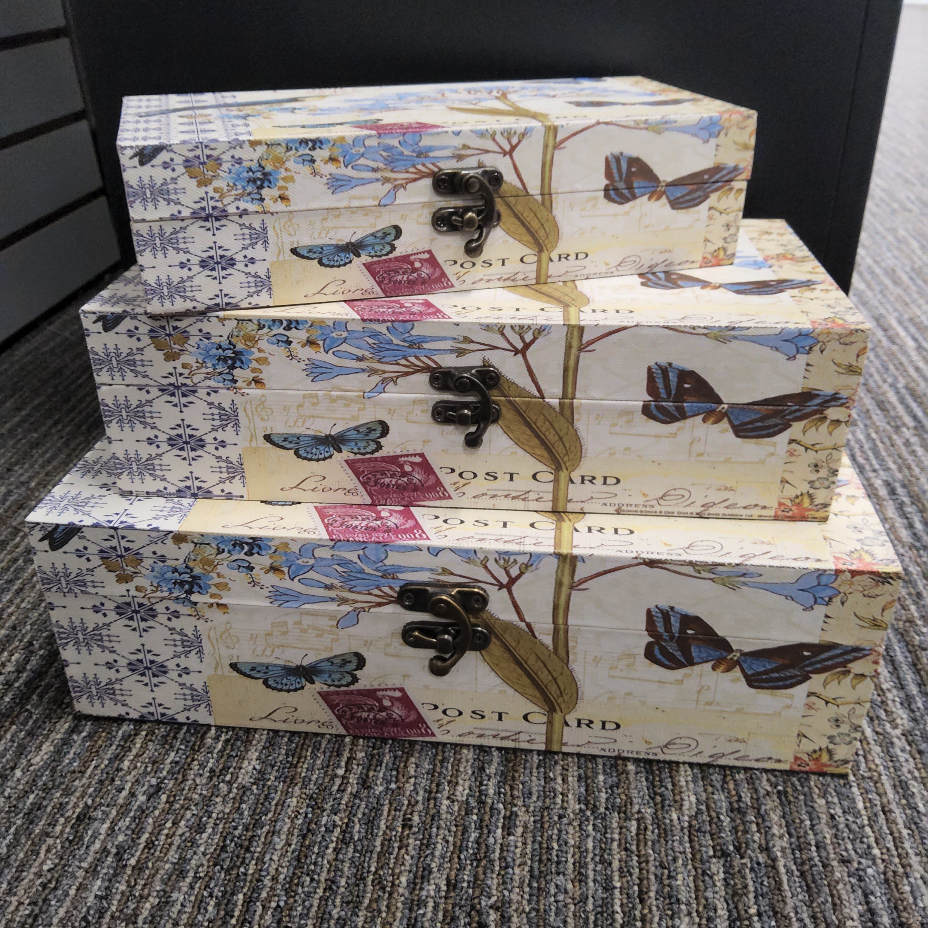 Vintage Wooden Storage Box Set - Bird/Floral/Butterfly