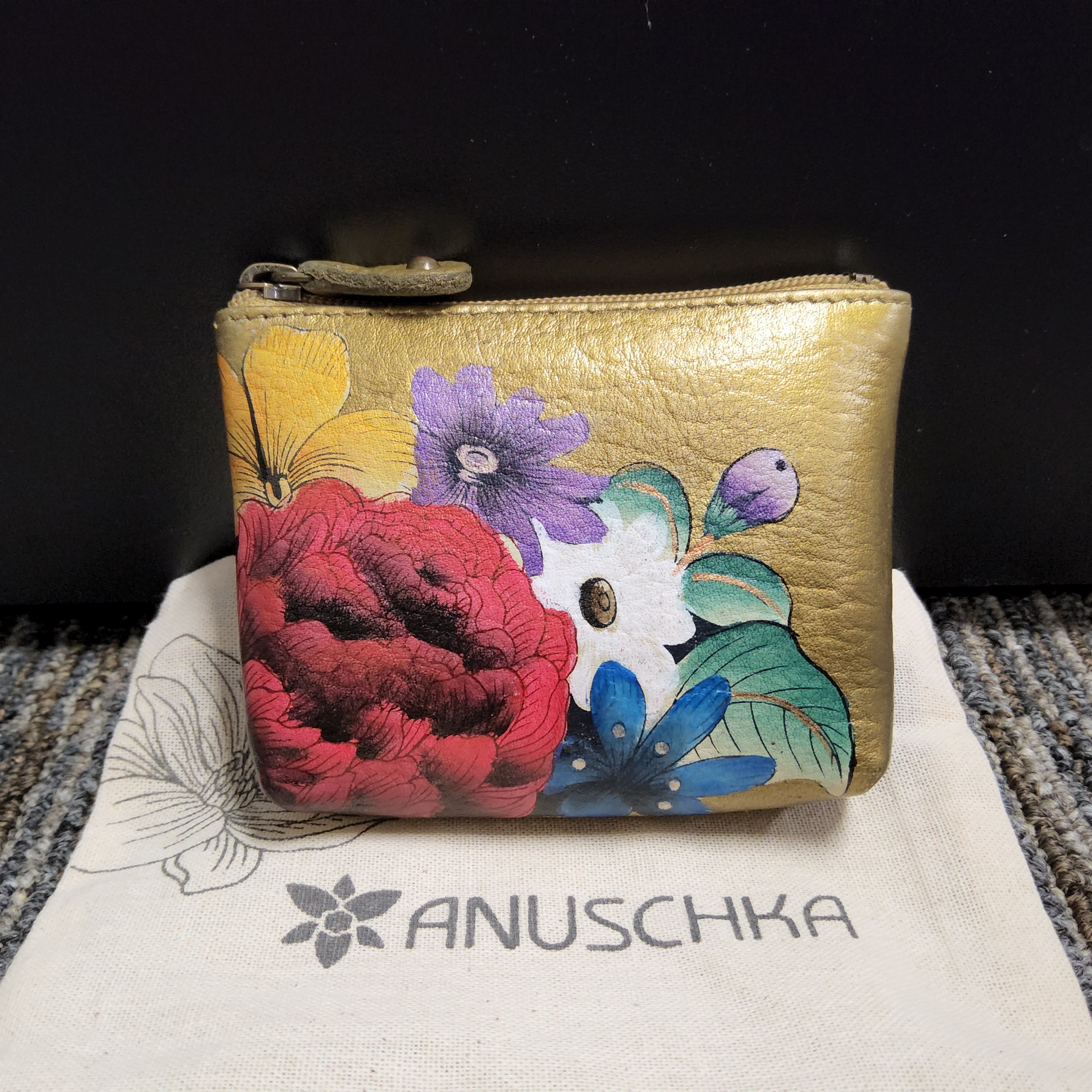 Anuschka Leather Small Zip Pouch - "Floral" Hand painted 1031-DRF