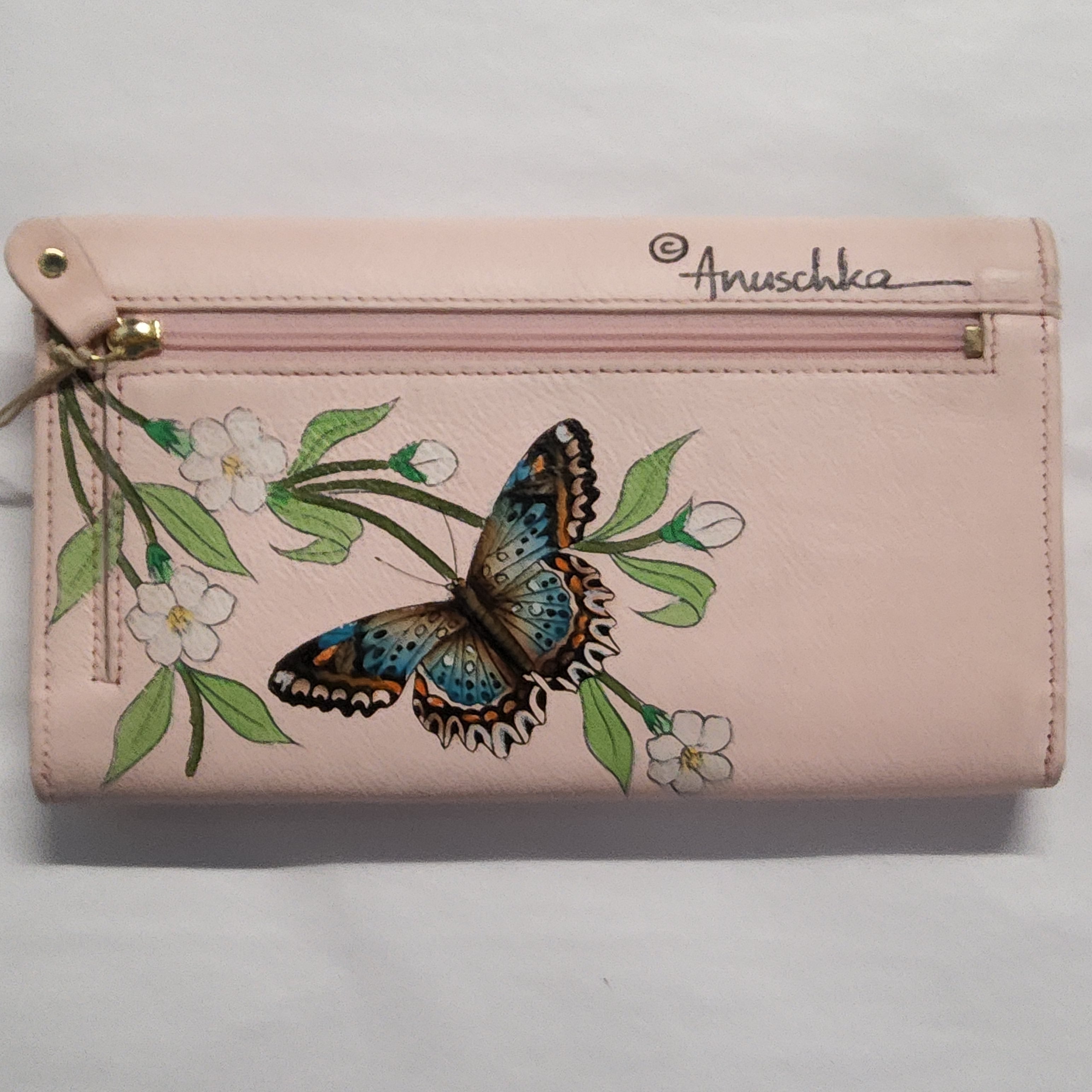 Anuschka Hand-Painted Leather Tri-Fold Wallet Flowers and Butterflies