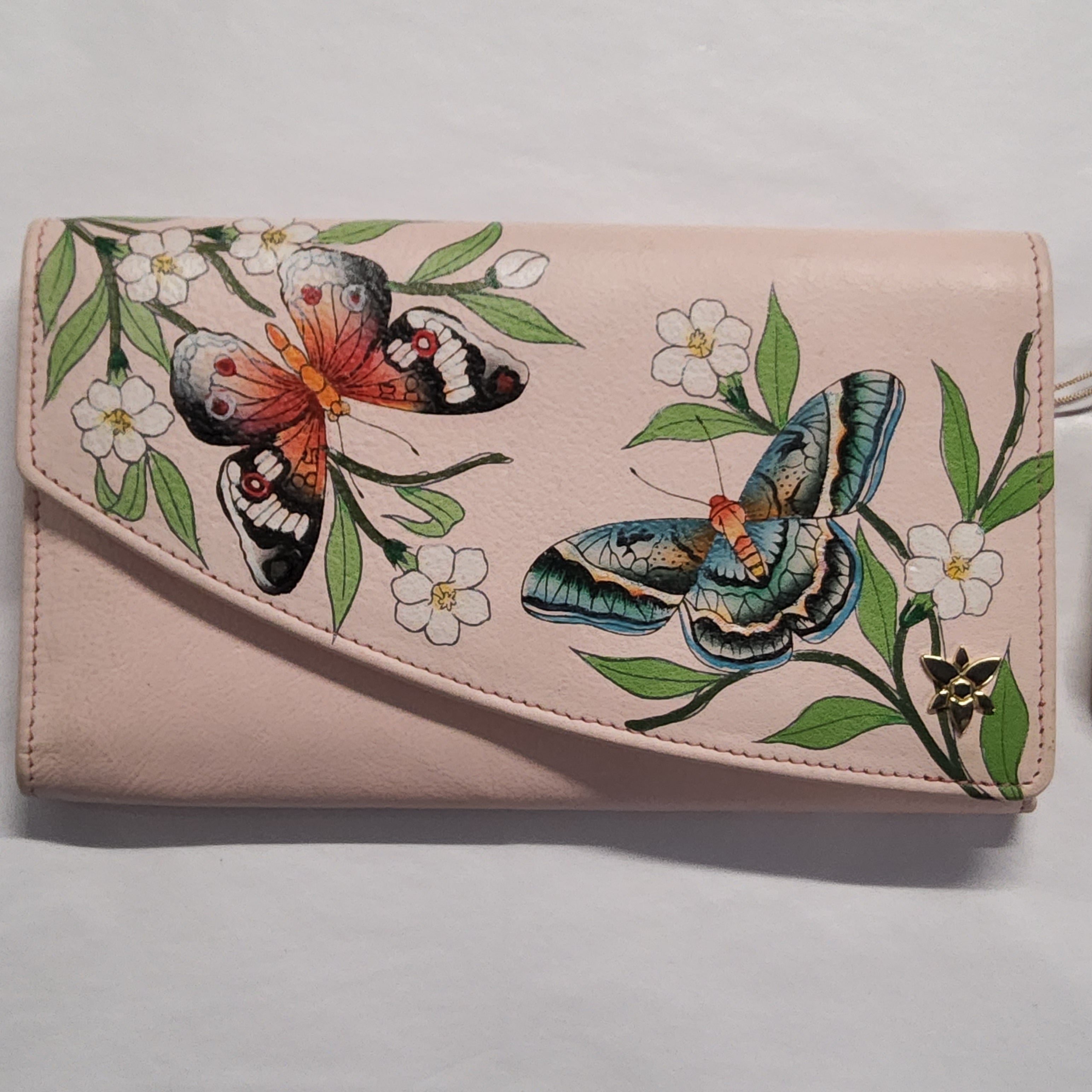 Anuschka Hand-Painted Leather Tri-Fold Wallet Flowers and Butterflies