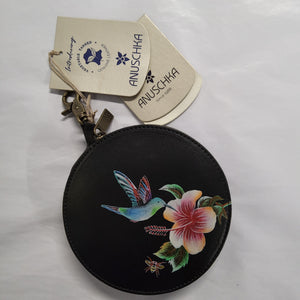 Anuschka Round Coin Purse - "Hummingbird" Hand painted - 1175-HGB-BLK