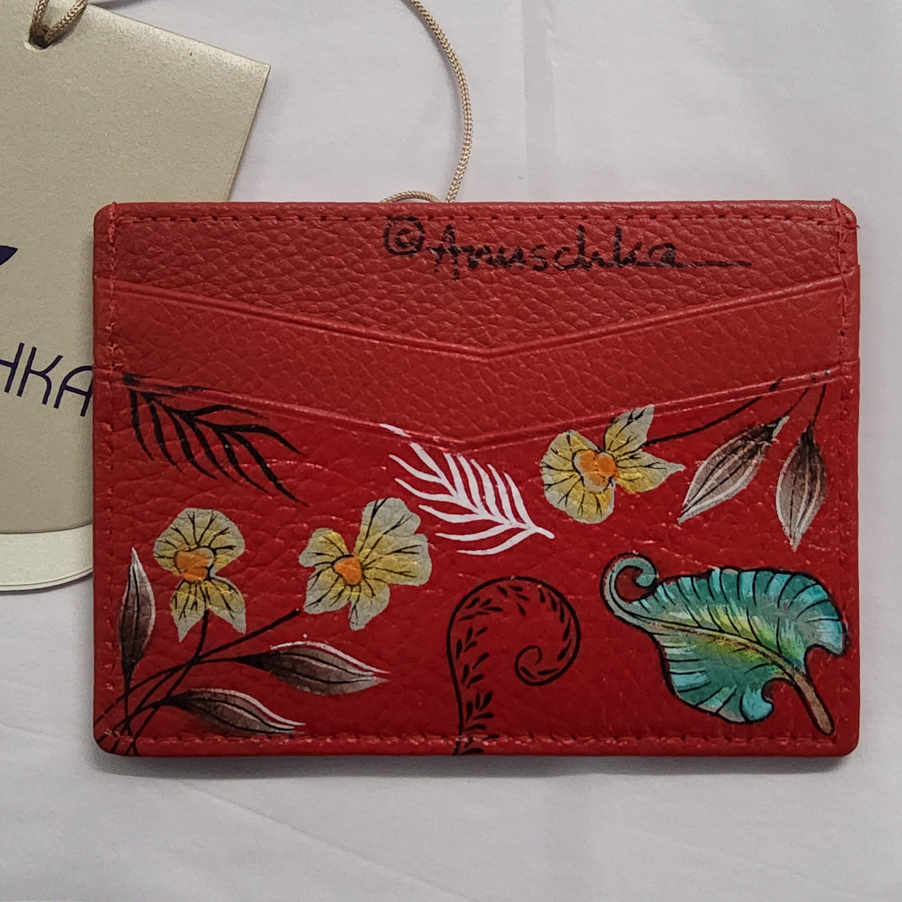 Anuschka Leather Credit Card Case - "Crimson Garden" Hand painted - 1032-CRN
