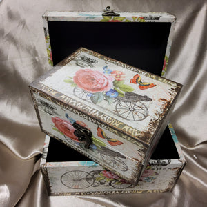 Vintage Wooden Storage Box Set - Bicycle/Roses