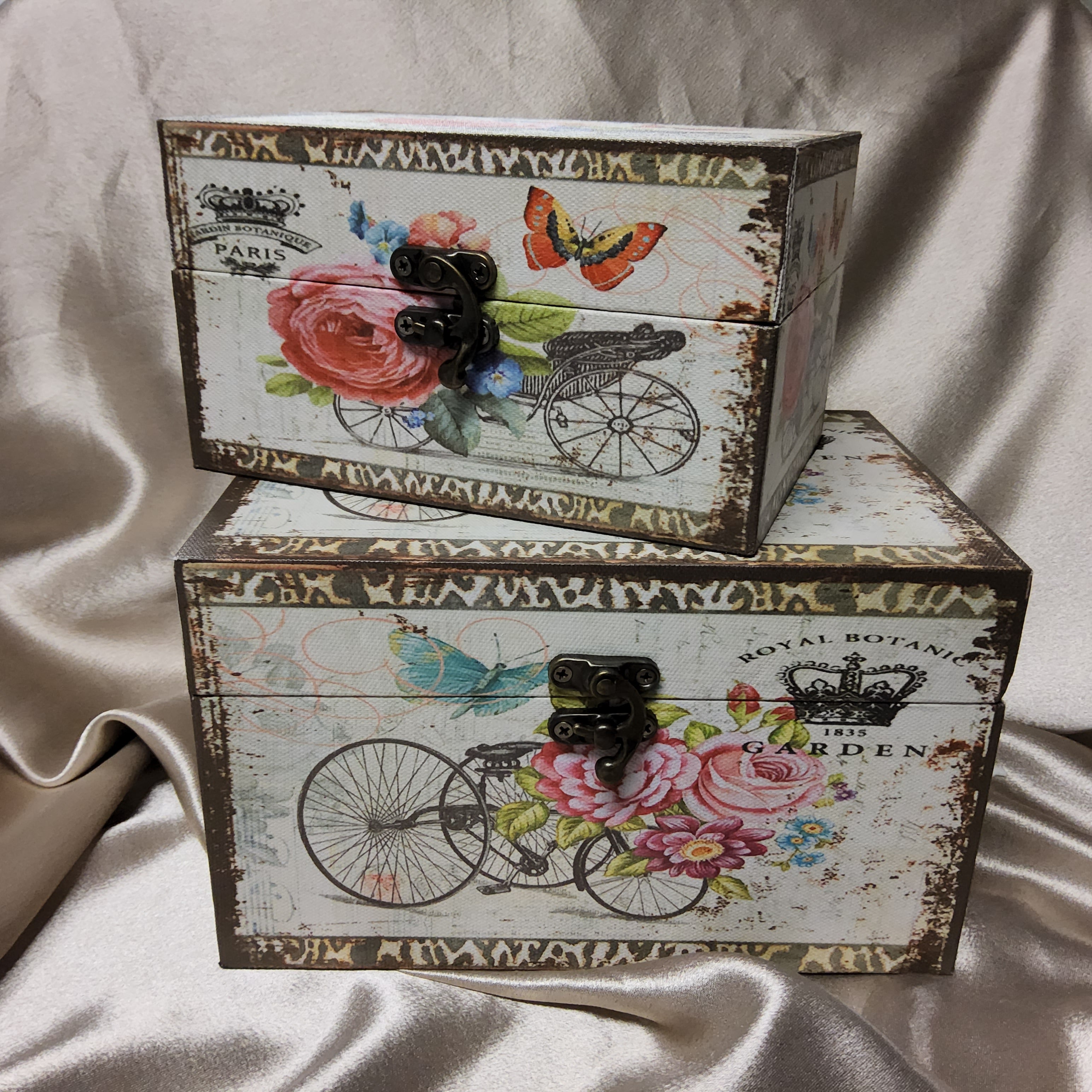 Vintage Wooden Storage Box Set - Bicycle/Roses
