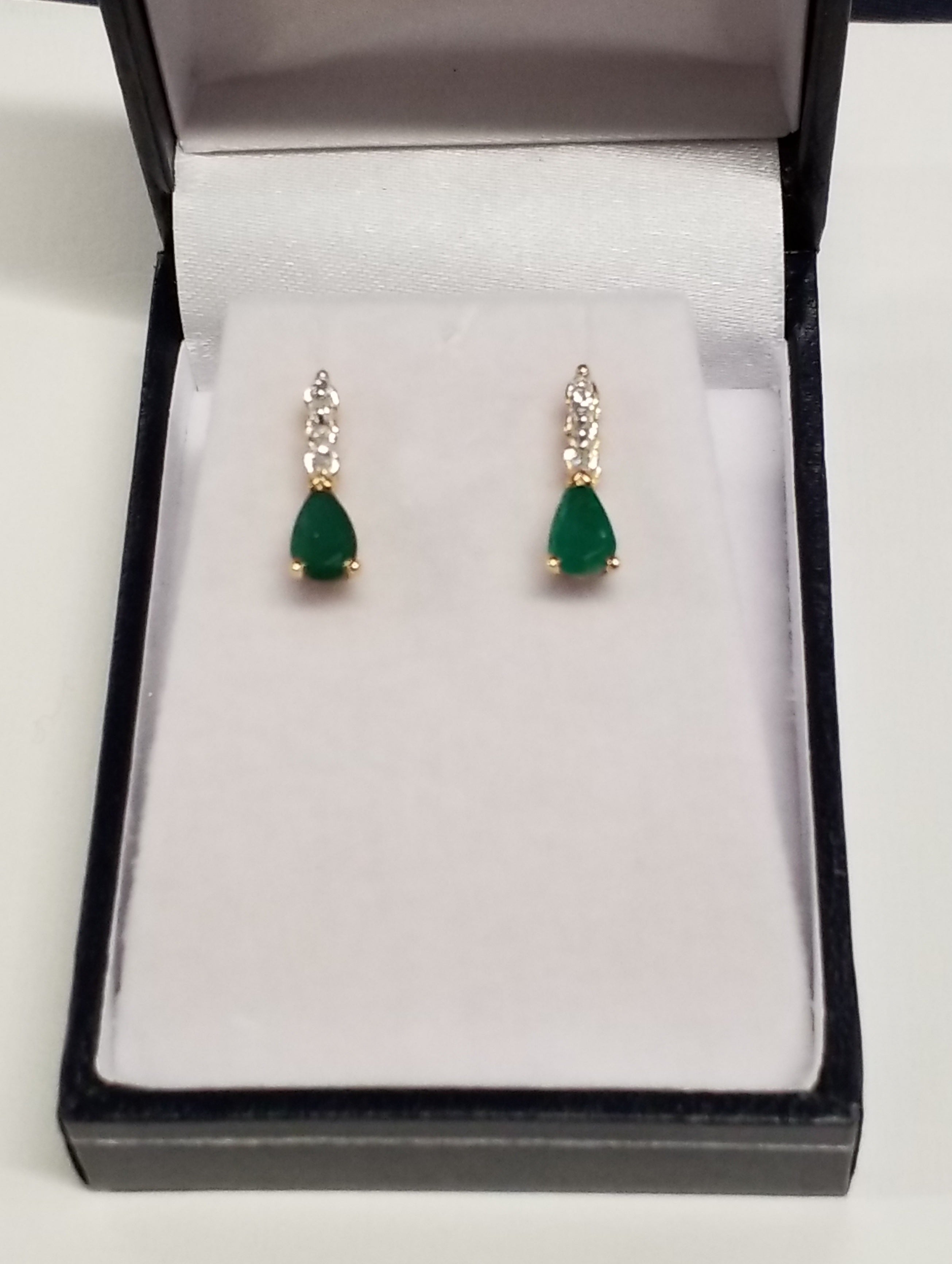Two Pear Shaped Cut Emerald Earrings with Diamond Accents