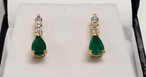 Two Pear Shaped Cut Emerald Earrings with Diamond Accents