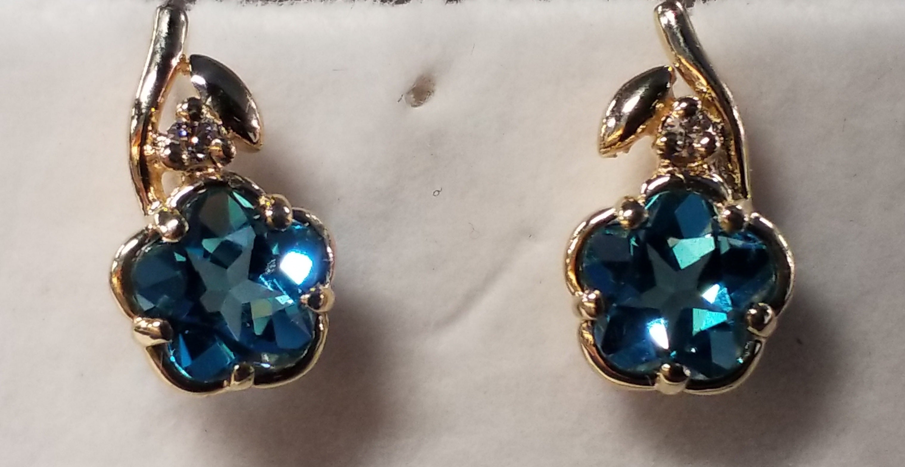 Floral Cut Blue Topaz Earrings with Diamond Accents - Flowers - Matching Pendant available