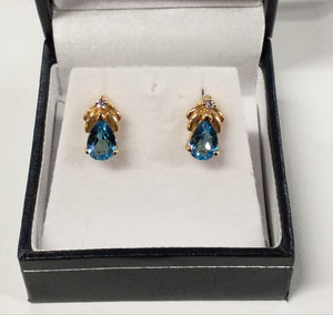 Two Pear Shaped Cut Blue Topaz Earrings with Diamond Accents - E1183G