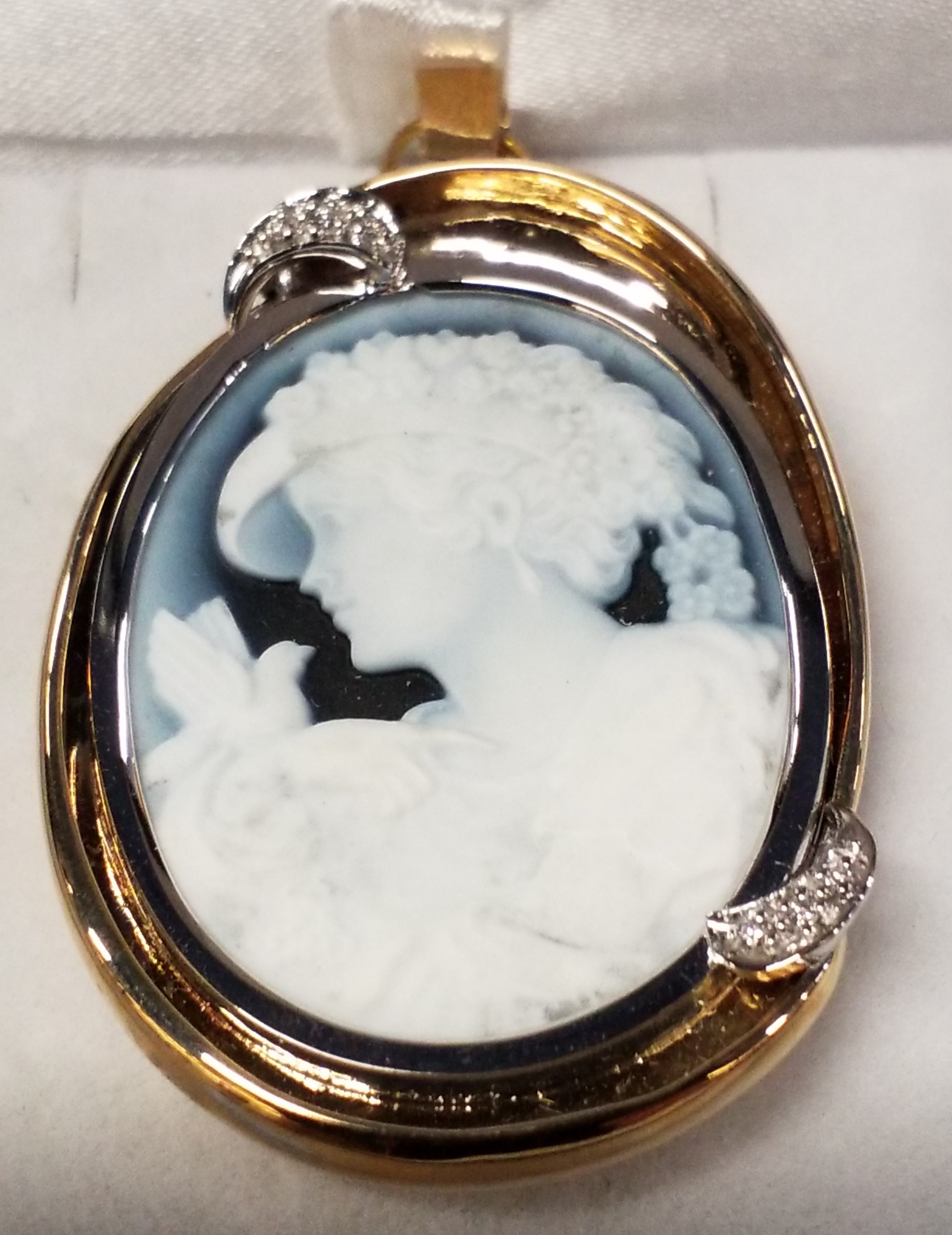 Hand Cut Oval Cameo Brooch with Diamond Accents