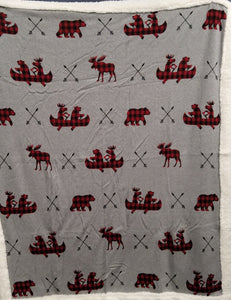 Sherpa Throw - Grey with Moose, Bear, Canoe in red/black plaid #33604