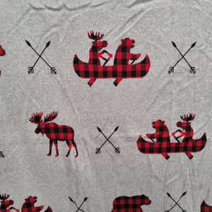 Sherpa Throw - Grey with Moose, Bear, Canoe in red/black plaid #33604