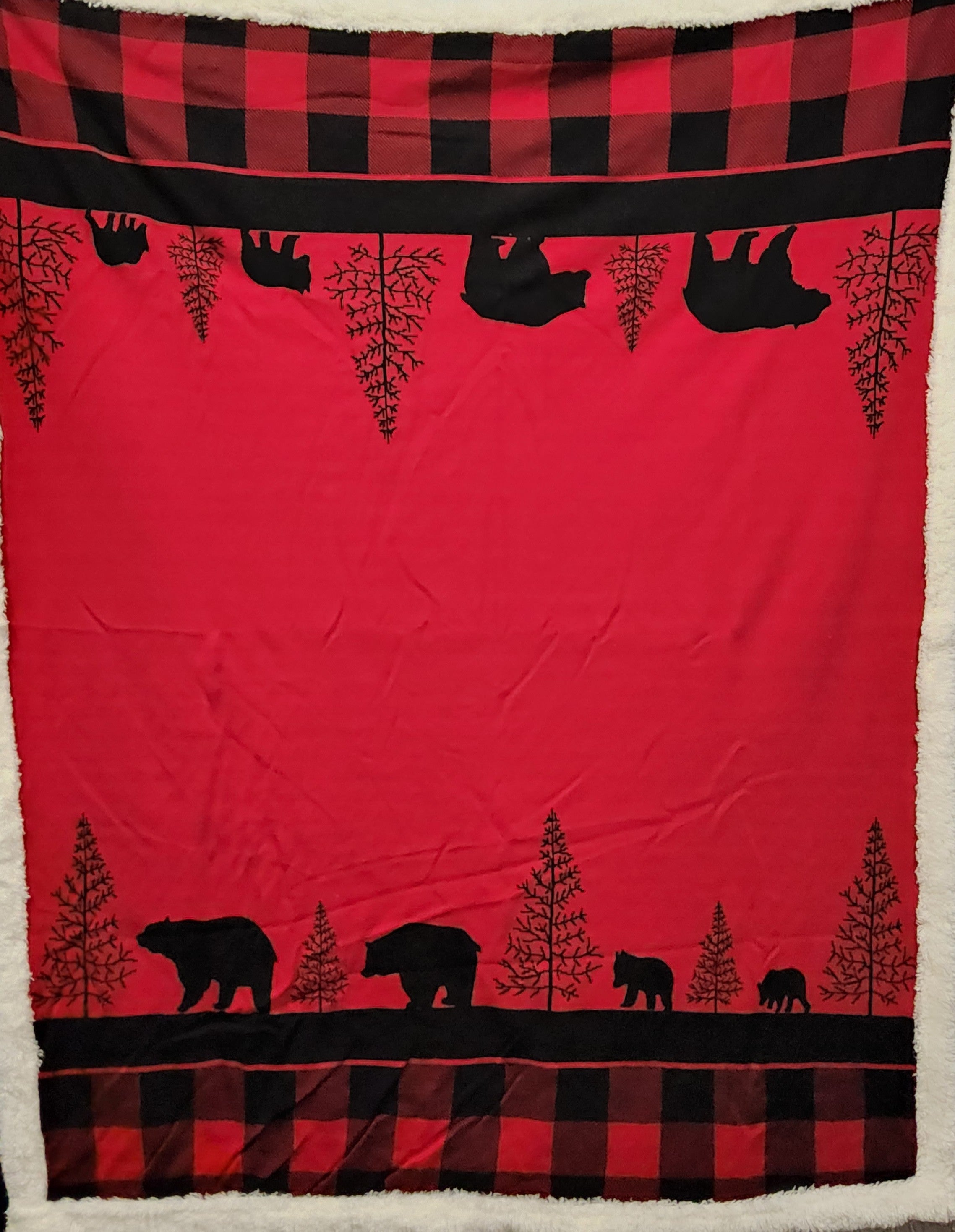 Sherpa Throw - Red with Bears, Trees in black #33606